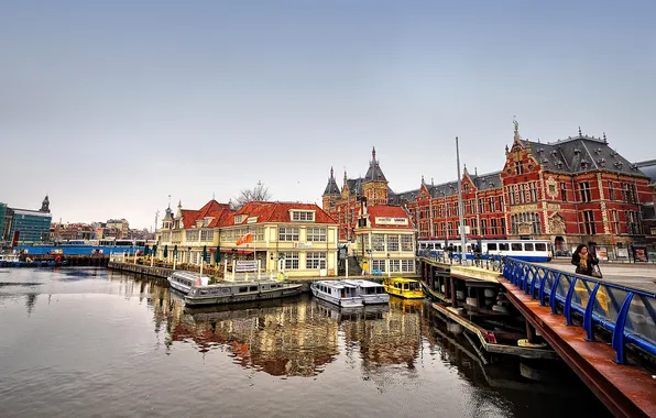 Bridge, home, boats, channel, Amsterdam, nederland, amsterdam, Netherlands
