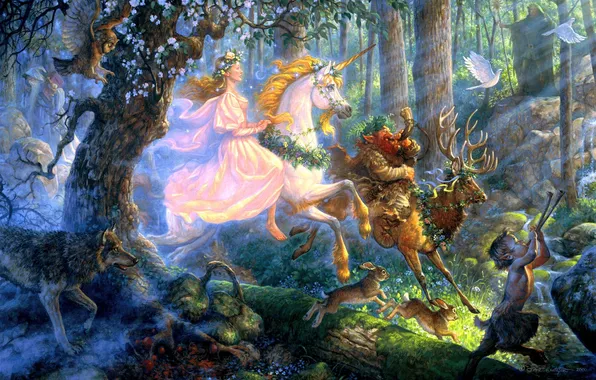 Picture forest, girl, wolf, deer, art, unicorn, pigeons, rabbits