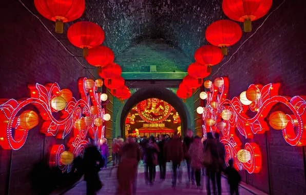 Lights, people, China, Shaanxi, South gate, XI'an