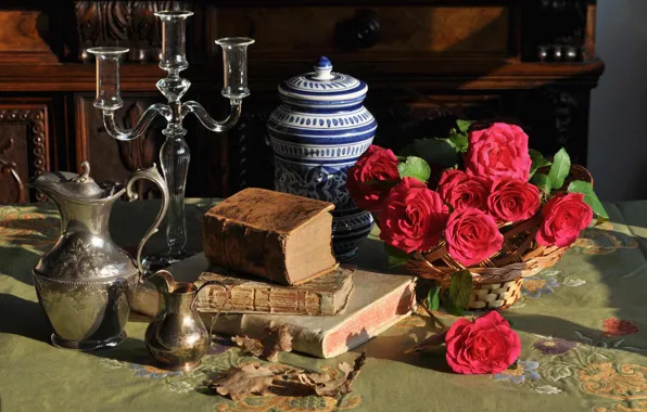 Flowers, style, books, roses, still life, candle holder, pitchers