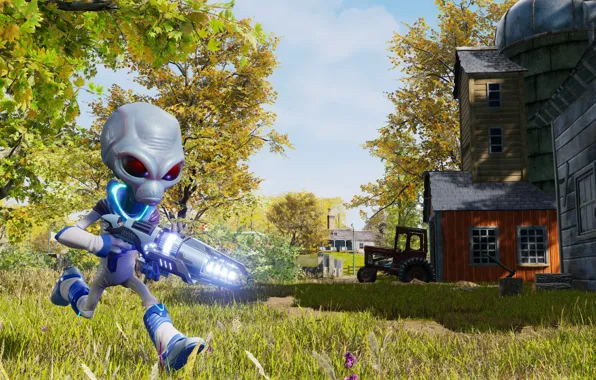 Grass, trees, house, weapons, the game, tractor, game, runs