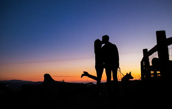 Girl, love, kiss, dog, silhouette, male, walk