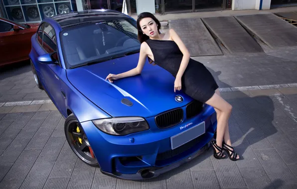 Picture look, Girls, BMW, Asian, black dress, beautiful girl, blue auto