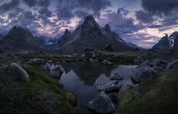 The sky, clouds, mountains, nature, lake, stones, rocks, the evening