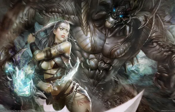 Girl, magic, art, monster, swords, Huang Tea
