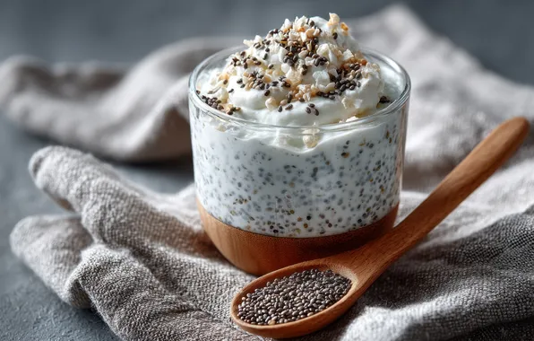 Glass, towel, spoon, layers, cream, dessert, yogurt, Chia seeds