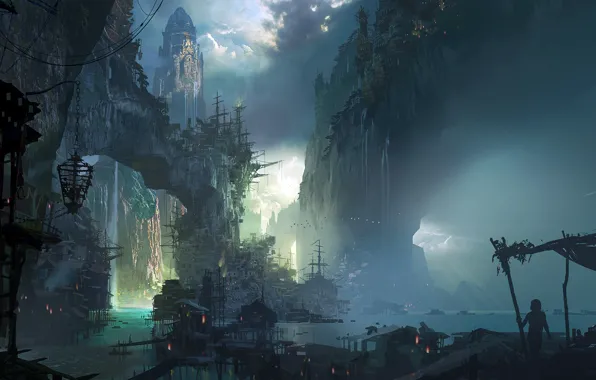 City, fantasy, game, rocks, houses, waterfall, League of Legends, castle