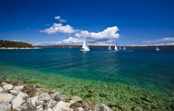 Sea, beach, stones, shore, island, yacht, Croatia, Mali Lošinj