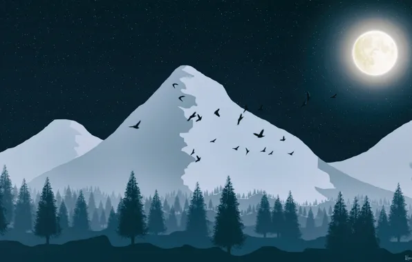 Forest, the sky, stars, mountains, birds, the moon, figure, tree
