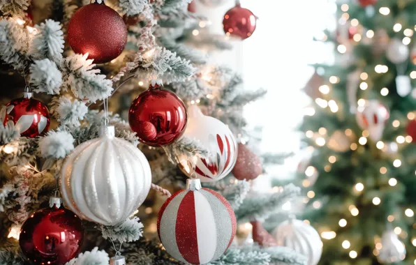 Balls, Christmas, red, New year, tree, white, herringbone, light background