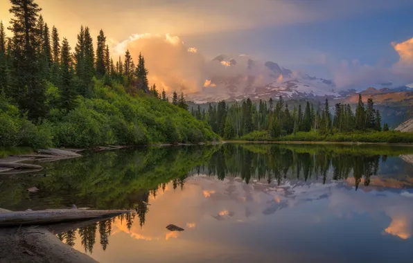 Picture mountains, lake, dawn, morning