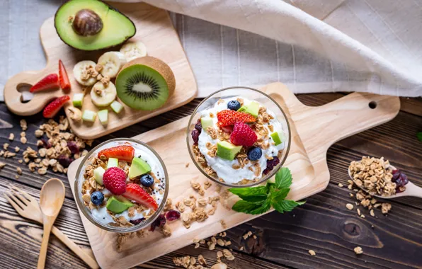 Berries, glasses, fruit, muesli, yogurt