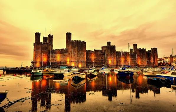 Sunset, river, castle, wall, boats, the evening, UK, tower