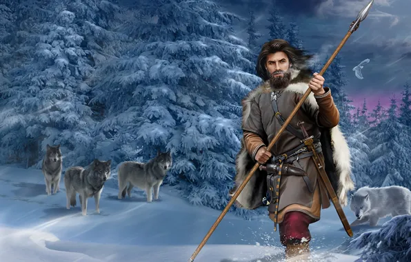Forest, Spruce, Sword, Male, Wolves, Spear, Snow