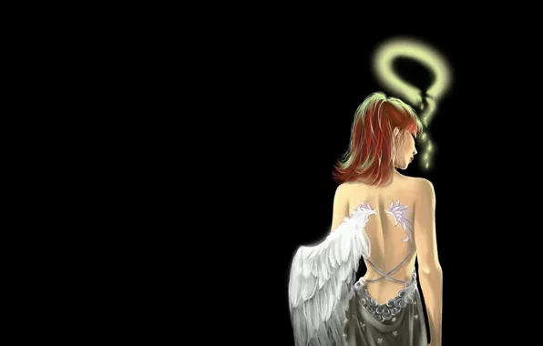 Girl, back, wings, angel, anime, black background, halo