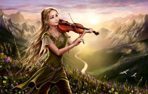 Picture girl, flowers, mountains, birds, nature, river, dawn, violin