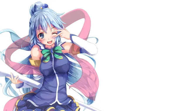 White, girl, smile, background, staff, gesture, anime, Aqua