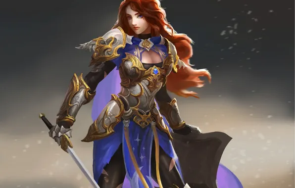 Girl, sword, armor, warrior, art, shield, red hair