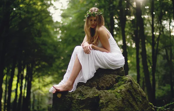Forest, girl, stone, wreath