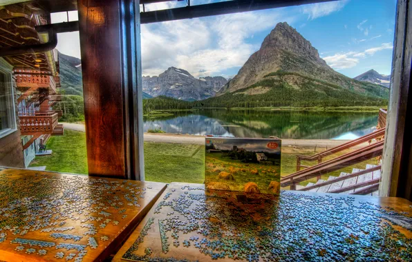 Water, mountains, pond, river, puzzles, the view from the window