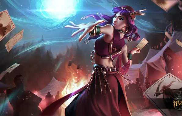 Picture card, girl, flame, sorceress, Heroes of Newerth