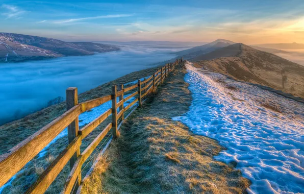 The sky, clouds, snow, mountains, fog, the fence