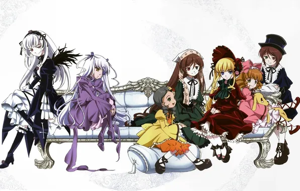 Sofa, doll, white background, Suigintou, Rozen Maiden, Barasuishou, Shinku, Kanaria