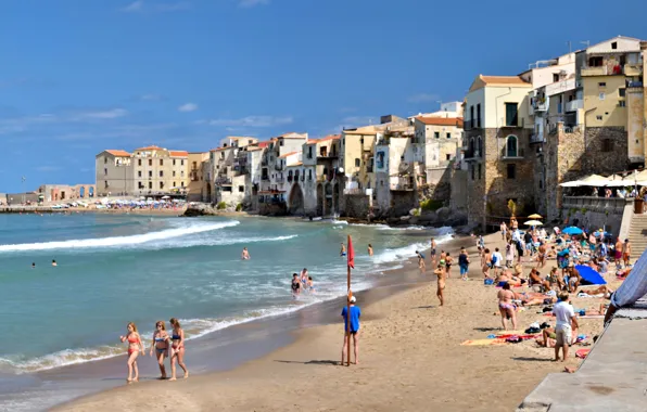 Beach, home, Italy, promenade, Sicily, Cefalu