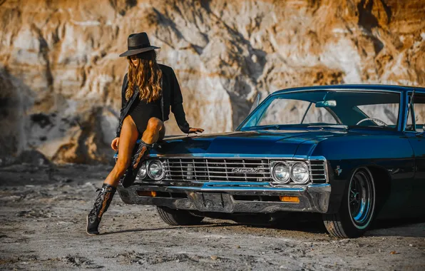 1967, sexy babe, Chevrolet Impala, retro car, pretty woman on the hood, Chevrolet Impala