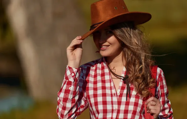 Picture girl, the sun, background, hat, hairstyle, shirt, brown hair, bokeh