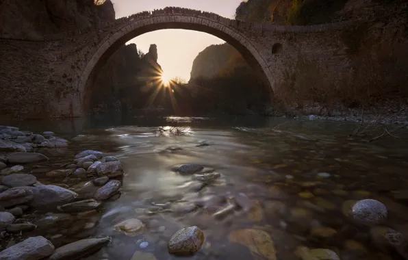Bridge, river, stones, dawn, Greece, arch