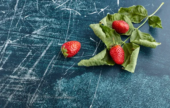 Leaves, berries, table, branch, strawberry, scratches, placer, blue background