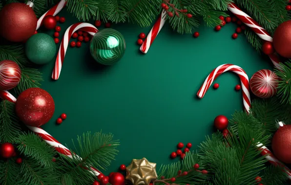Balls, branches, Christmas, red, New year, needles, bumps, green background
