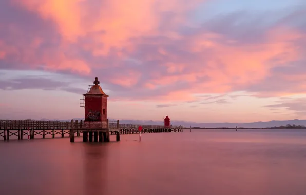 Picture sea, the sky, clouds, sunset, coast, lighthouse, Italy, pierce