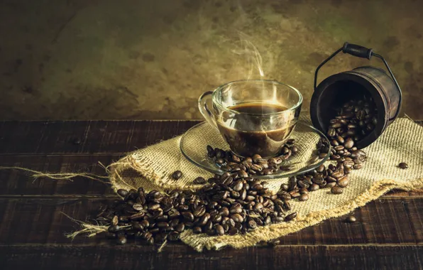 Retro, coffee, Cup, coffee beans, burlap, vintage, bucket