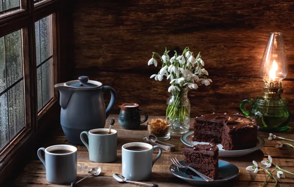 Lamp, coffee, window, snowdrops, Cup, cake, still life