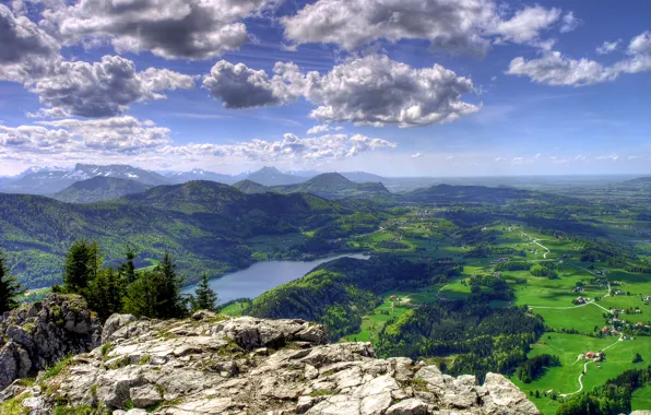 The sky, clouds, mountains, lake, rocks, home, valley