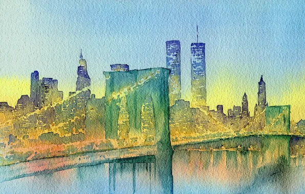 Picture bridge, the city, watercolor