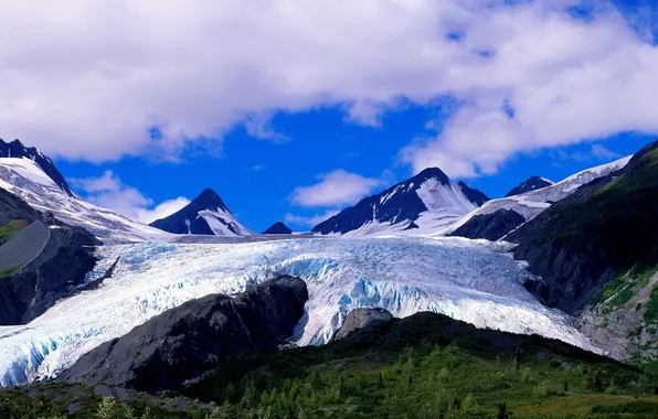 The sky, grass, clouds, snow, mountains, slope, glacier