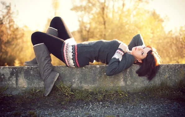 Picture the sun, nature, spring, brunette, lies, boots