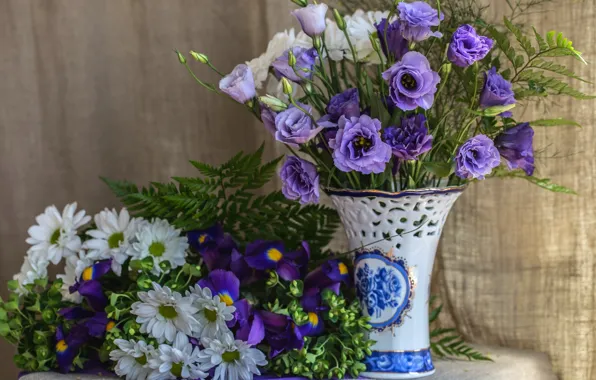 Purple, bouquet, fabric, vase, fern, irises, chrysanthemum, eustoma