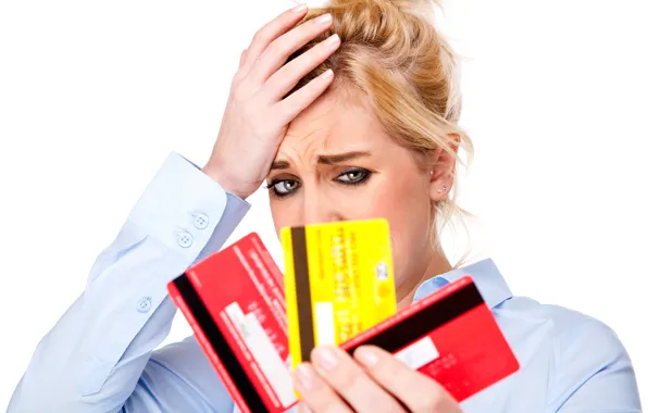 Picture blonde, financial, crisis, expenses, debit cards, concern