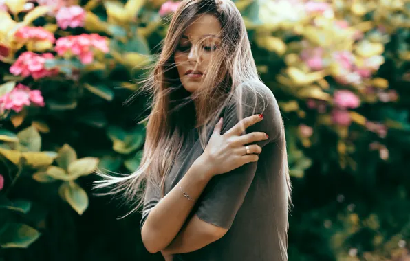 Picture girl, face, background, the wind, model, hair, hands