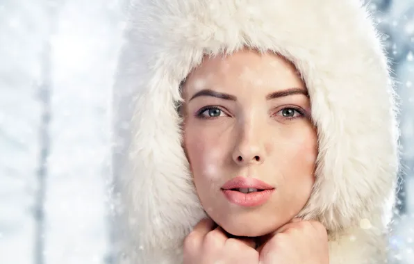 Picture winter, look, girl, snowflakes, close-up, face, hat, portrait
