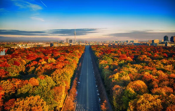 Road, autumn, the sky, clouds, Germany, horizon, Berlin, TV tower