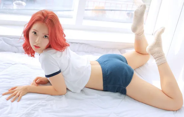 Picture Asian, women, K-pop, dyed hair, looking at viewer, lying on front, women indoors, Korean women