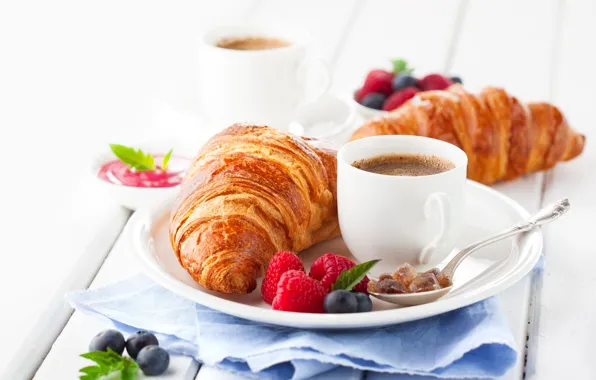 Picture berries, raspberry, coffee, Breakfast, spoon, Cup, cakes, croissant