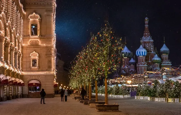 Picture winter, snow, trees, the city, lighting, lights, Moscow, temple