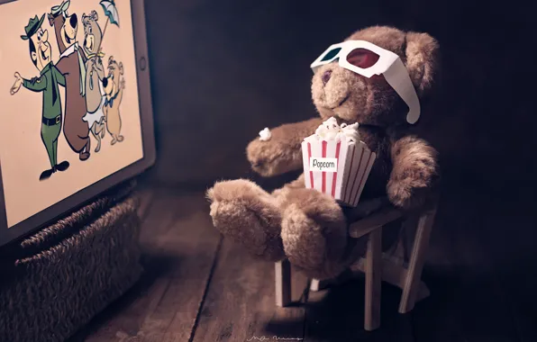 Cartoon, glasses, bear, screen, popcorn, Teddy bear