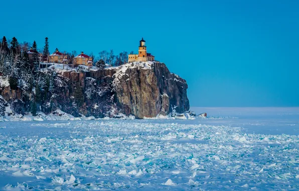 Picture snow, lighthouse, Nature, Frozen North Shore